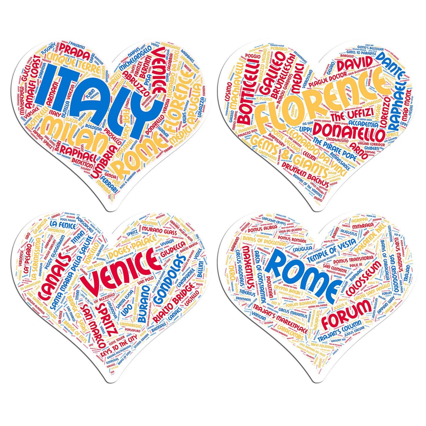 4-Pack LARGE Heart-shaped Italy Stickers - MIXED