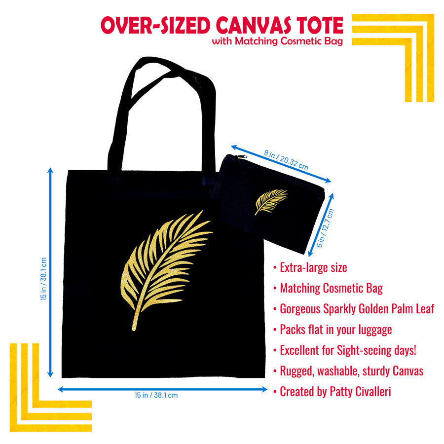 black canvas tote back with sparkly gold palm frond and matching cosmetics bag