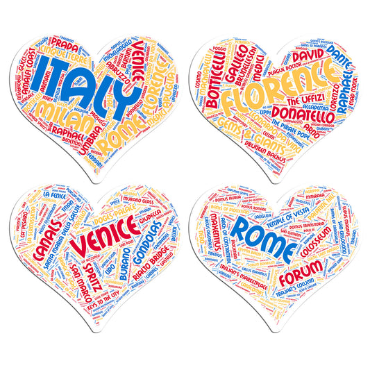 4-Pack LARGE Heart-shaped Italy Stickers - MIXED